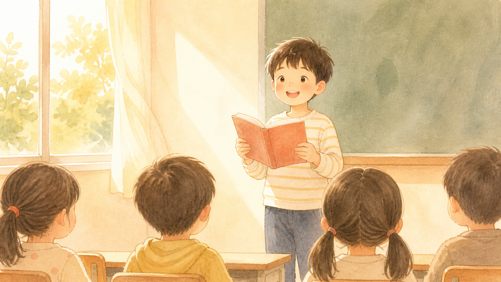 教室で本を堂々と音読する小学生の男の子