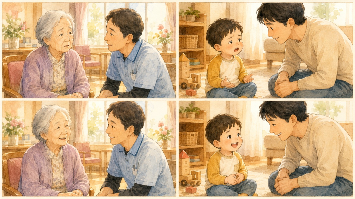 介護職と高齢女性、父親と男の子。困った表情から安心した笑顔へ変化する4コマのイラスト