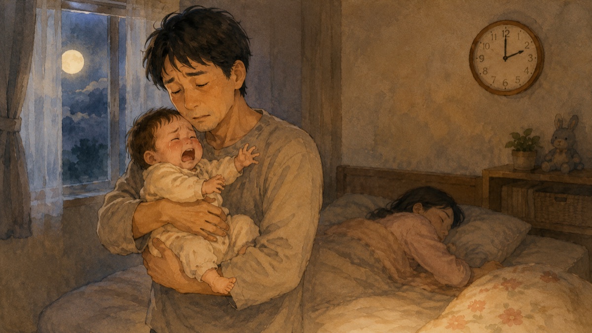 夜中、赤ん坊を抱きあやすパパと、布団で熟睡する妻のイラスト