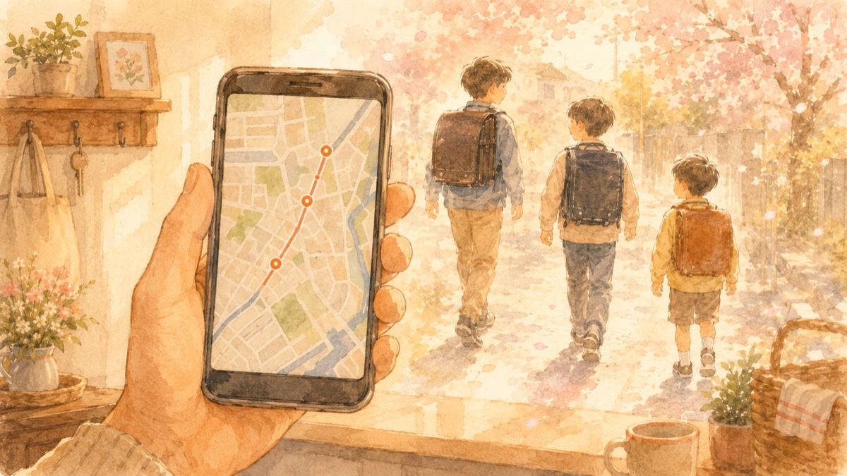 ランドセルを背負って通学路を歩く3兄弟と、心配そうにスマホで位置を確認する両親のイラスト