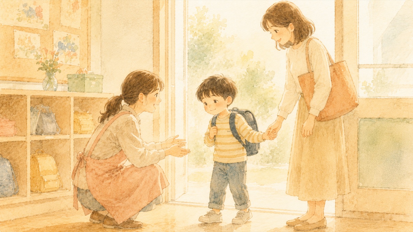 教室の入り口で先生に迎えられ、母親と手をつなぎ一歩踏み出す幼い男の子の水彩イラスト