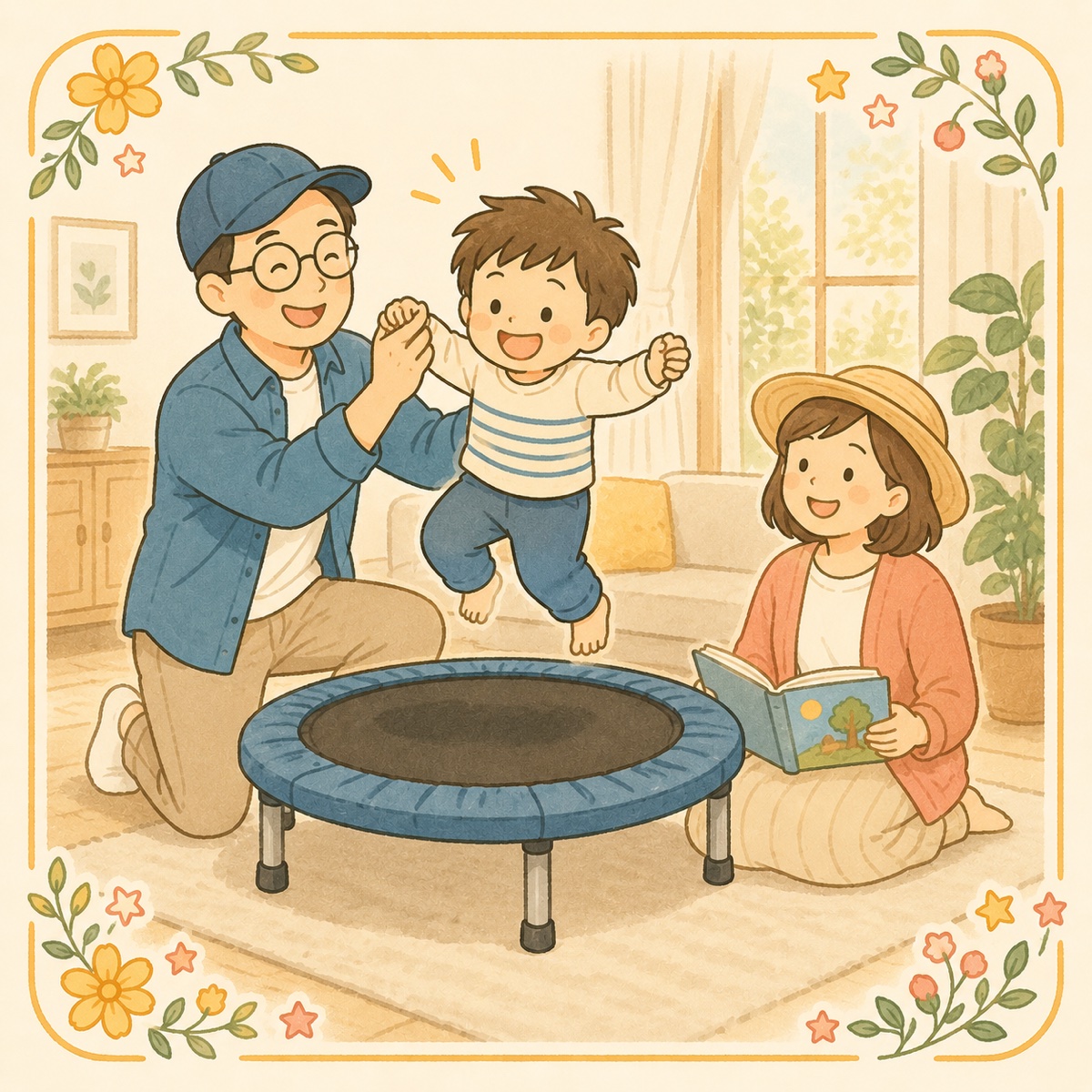 リビングのトランポリンで楽しそうに跳ねる子と、見守る両親のイラスト