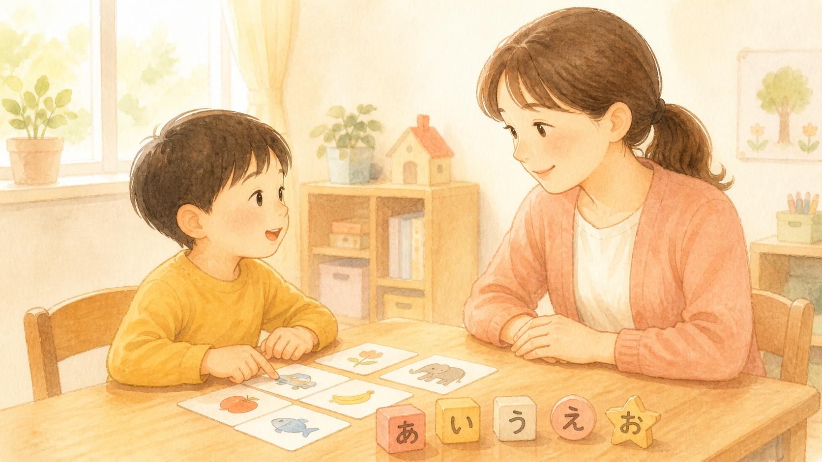 先生と1対1で言葉のレッスンを受ける男の子