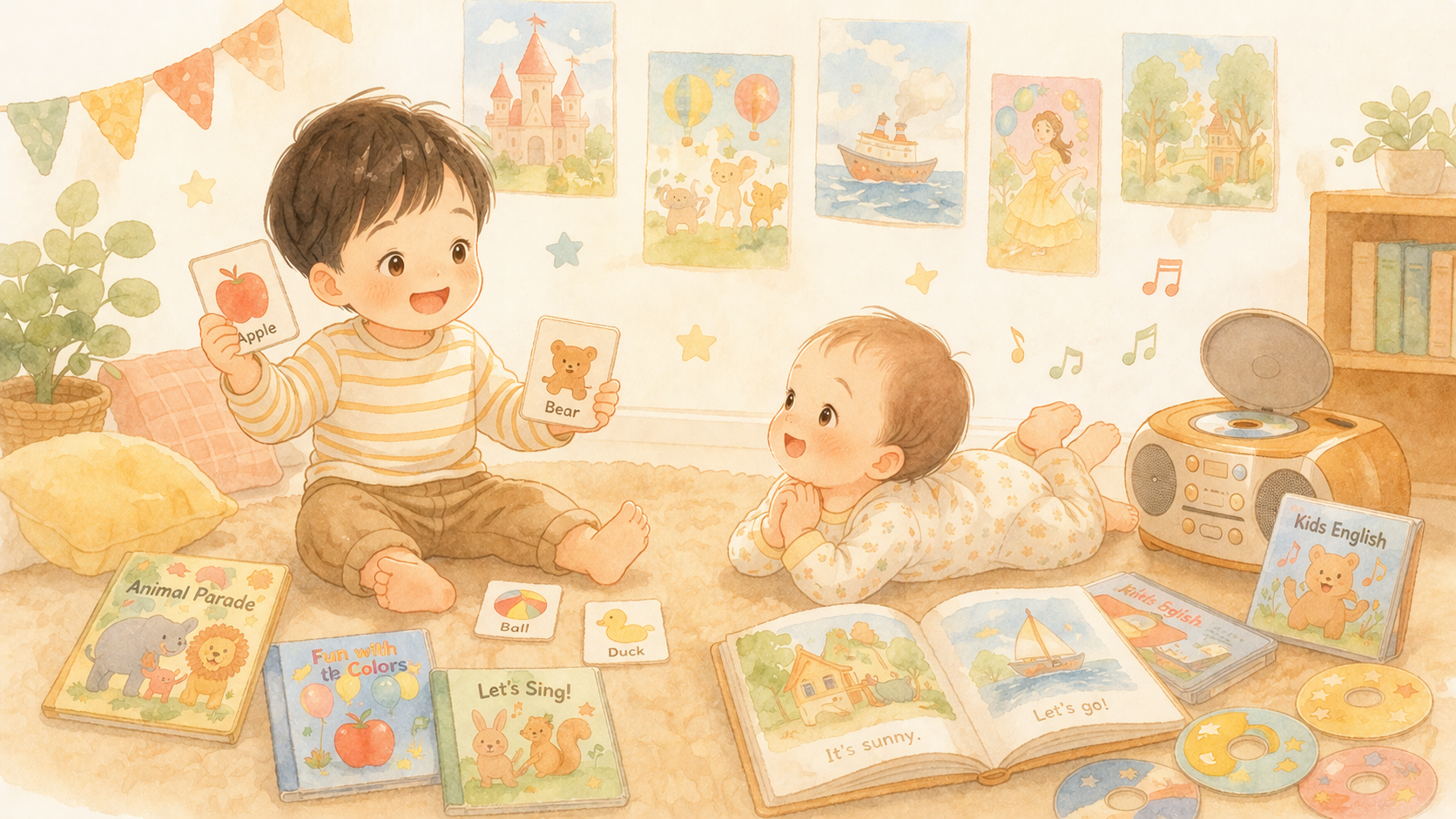 英語の絵本やCDで遊ぶ2歳の男の子と0歳の赤ちゃん