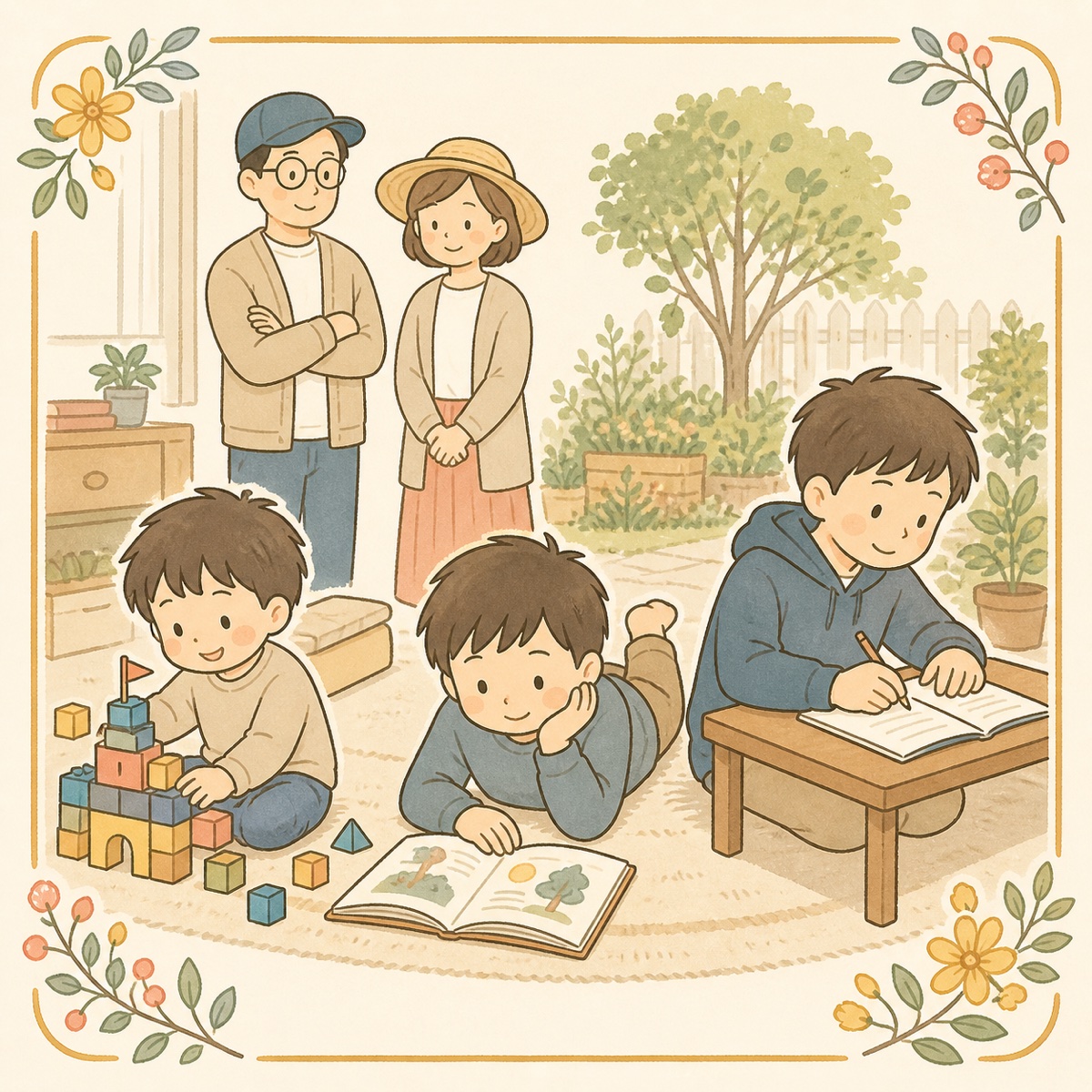 自分のペースで遊ぶ3兄弟と、温かく見守る両親のイラスト