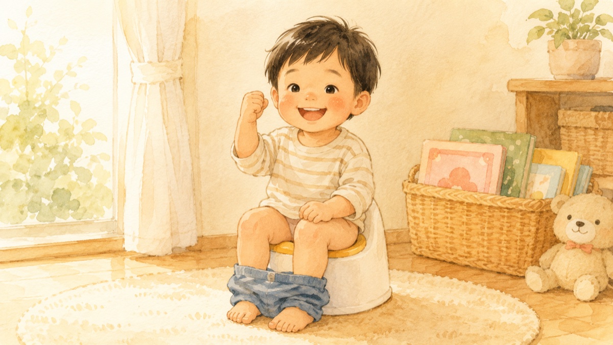 トレーニング便座で笑顔の男の子のイラスト