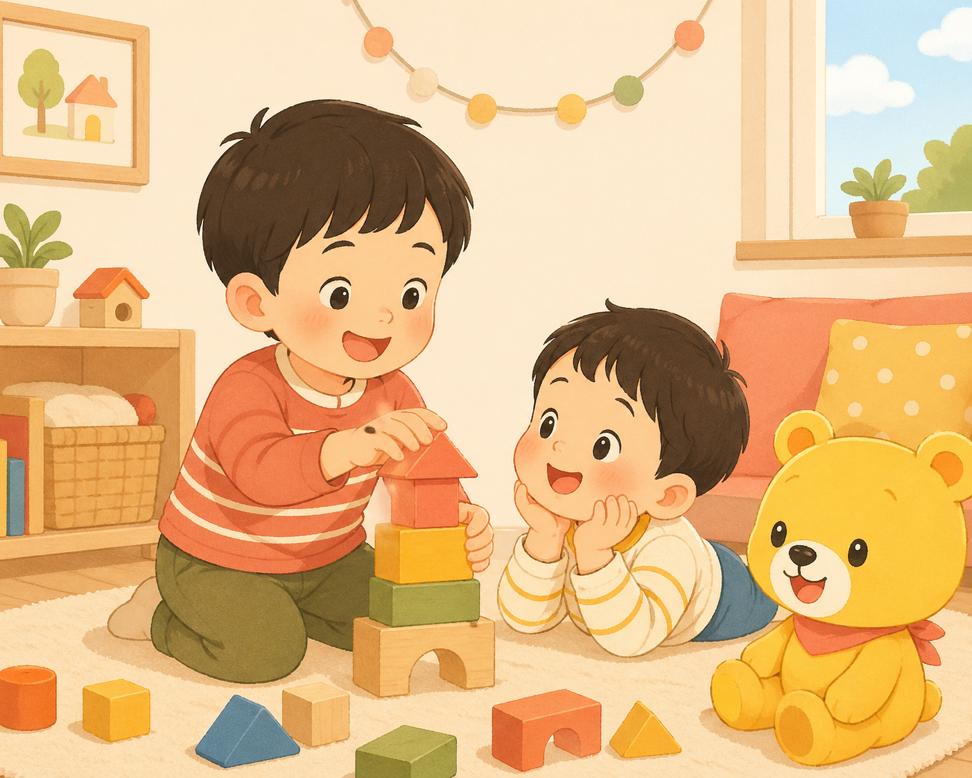 仲良く遊ぶ兄弟のイラスト