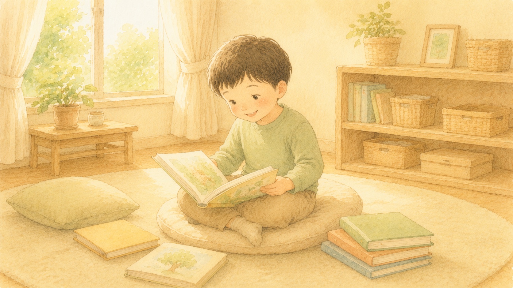 リビングで絵本を一緒に読む3兄弟のイラスト