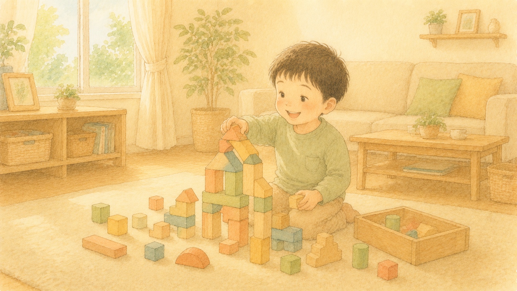3兄弟がカラフルなブロックで城や乗り物を組み立てて遊ぶ様子